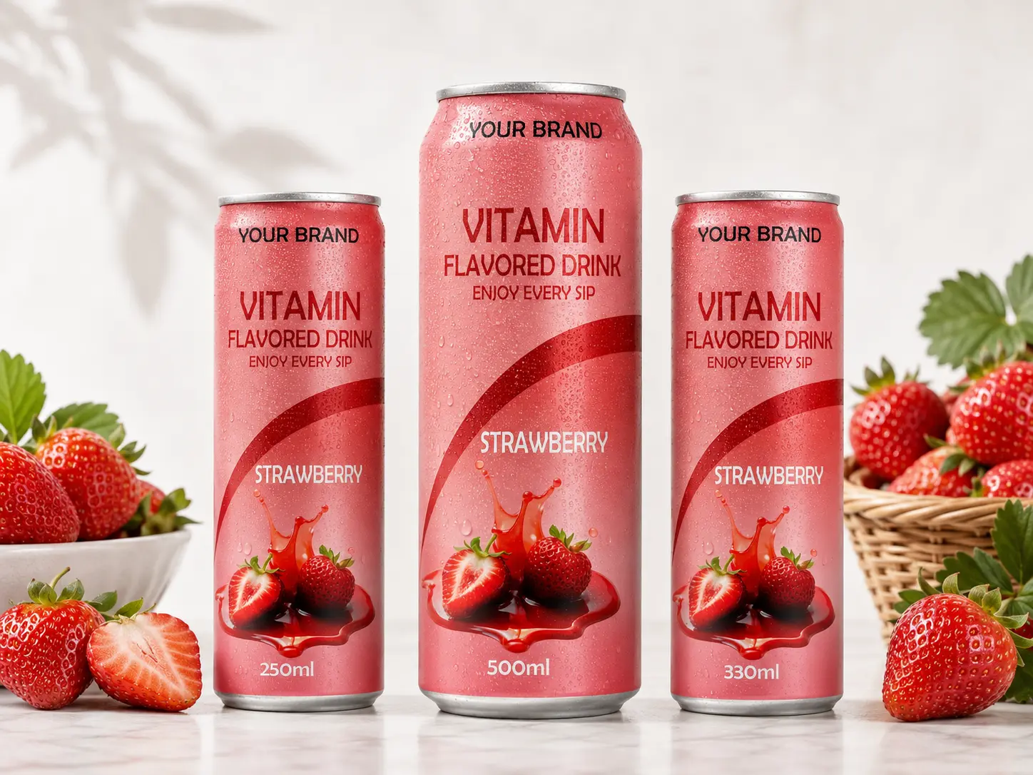 VITAMIN FLAVORED DRINK Strawberry flavour in 250ml, 500ml, and 330ml cans.